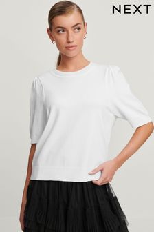 White Round Neck Short Sleeve Knitted Top (999892) | OMR7