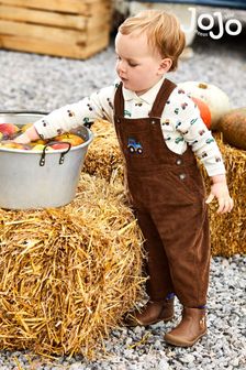 JoJo Maman Bébé Toffee Brown Tractor Caramel Tractor Embroidered Pocket Cord Dungarees (9BZ046) | AED141