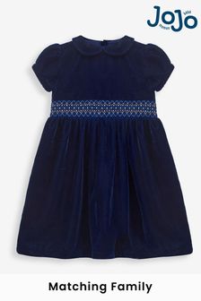 JoJo Maman Bébé Navy Velvet Smocked Party Dress (9EN215) | KRW81,100