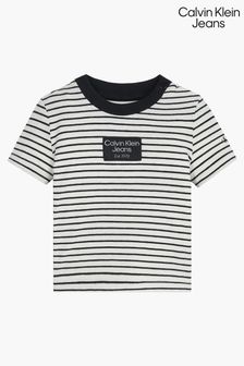 Calvin Klein Ivory Striped Badge T-Shirt (9F6224) | €37
