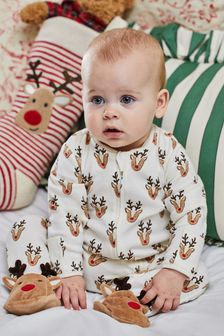 JoJo Maman Bébé Cream Reindeer Heads Print Zip Sleepsuit (9FQ070) | NT$980
