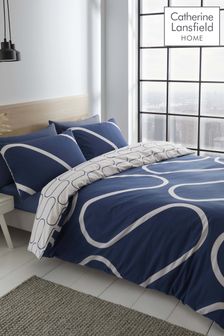 Catherine Lansfield Navy Linear Curve Geometric Reversible Duvet Cover and Pillowcase Set (A00063) | €22 - €35
