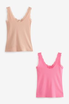 Nude/Pink Rib Lace Trim Vests 2 Pack (A00153) | ₪ 64