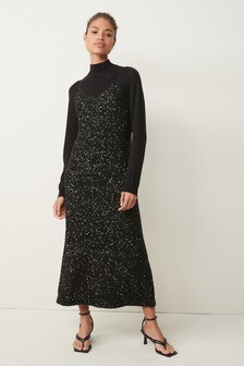 Black Sequin Layer Long Sleeve Dress (A00280) | ₪ 133