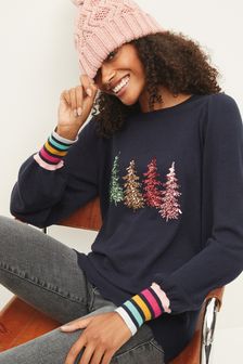 Navy Blue Sequin Trees Christmas Jumper (A00566) | €41.50