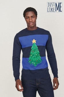 Niebieski/granatowy w paski - Sweter z motywem bożonarodzeniowym (A02390) | 50 zł