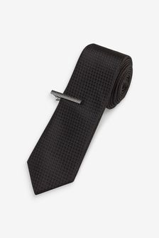 Black/Gunmetal Slim Textured Tie With Tie Clip (A02827) | kr155