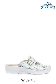 Fly Flot White Floral Print Ladies Wide Fit Clogs