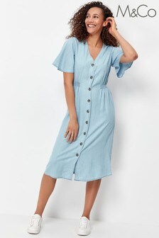 Robe mi-longue M&Co bleue à boutons en tencel