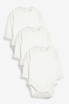 Ecru White - Berry Red Pointelle Long Sleeve Bodysuits 3 Pack (0mths-3yrs) (A04980) | kr146 - kr173