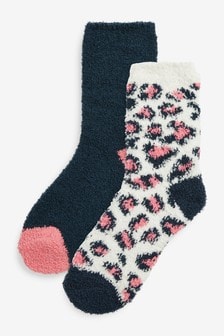 Pink/Navy Animal Print Cosy Bed Socks 2 Pack (A05078) | $12