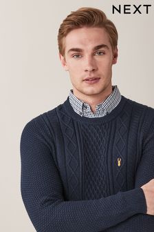 Navy Blue Cable Regular Mock Shirt Knitted Crew Jumper (A07914) | SGD 67