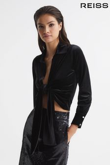 Reiss Black Cora Tie-Front Velvet Crop Top (A09336) | SGD 353