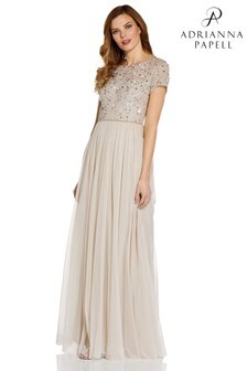 Adrianna Papell Natural Floral Beaded Top With Tulle Dress (A10147) | ₪ 830