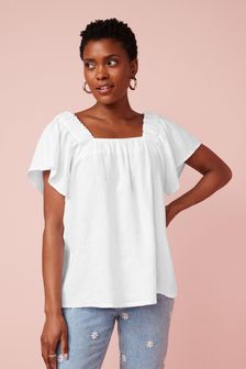 לבן - חולצת פשתן עם צווארון מרובע ושרוול מתרחב (A10285) | ‏82 ₪