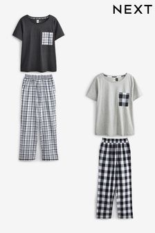 Black/White Check Cotton Blend Pyjamas 2 Pack (A10562) | KRW71,600