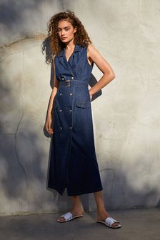 水洗藍色 - 無袖附腰帶丹寧西裝式洋裝 (A11462) | NT$1,370