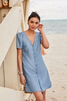Blue TENCEL™ Button Through Summer Tea Dress (A11463) | $48