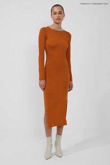 French Connection Brown Solid Meadow Jersey Long-Sleeve Dress (A11584) | ₪ 303