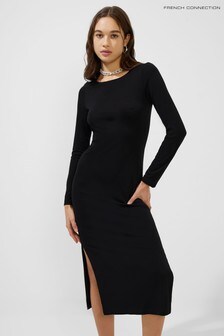 French Connection Black Solid Meadow Jersey Long Sleeve Dress (A11585) | ₪ 303