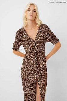French Connection Animal Leopard Meadow Jersey V-Neck Dress (A11587) | $107