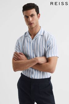 Reiss Soft Blue Stripe Rufus Linen Cuban Collar Shirt (A11836) | €128