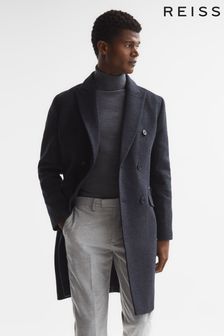 Reiss Airforce Blue Melange Reflection Double Breasted Long Wool Overcoat (A11873) | SGD 1,014