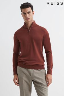 Reiss Russet Blackhall Merino Wool Half-Zip Funnel Neck Jumper (A11923) | SGD 270