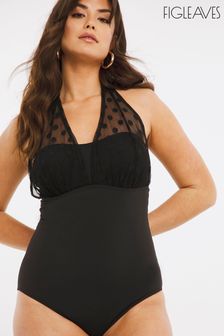 Figleaves Black Icon Spot Mesh Shaping Halter Swimswuit (A12353) | €34