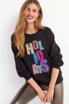 Black Sparkle Holiday Christmas Graphic Sweatshirt (A12638) | AED89