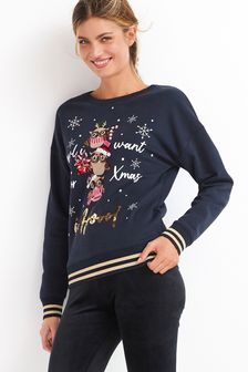 Navy Owl I Want For Christmas Christmas Graphic Sweatshirt (A12642) | AED111
