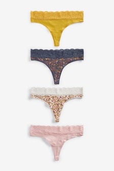 Navy/Yellow Thong Lace Trim Cotton Blend Knickers 4 Pack (A13497) | $24