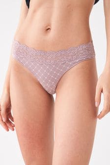 Cream/Navy Thong Lace Trim Cotton Blend Knickers 4 Pack (A13499) | $24