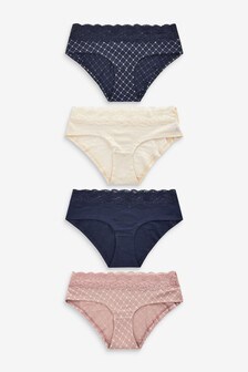 Cream/Navy Short Lace Trim Cotton Blend Knickers 4 Pack (A13500) | ￥2,330