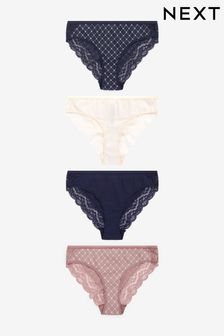 Cream/Navy - Lace Trim Cotton Blend Knickers 4 Pack (A13502) | BGN36