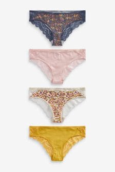 Navy/Yellow Bikini Lace Trim Cotton Blend Knickers 4 Pack (A13507) | ₪ 48