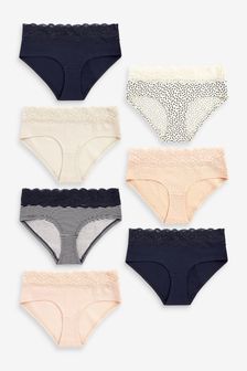 Cream/Navy Print Short Lace Trim Cotton Blend Knickers 7 Pack (A13526) | €30