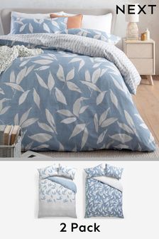 2 Pack Blue leaf Reversible Duvet Cover and Pillow Case Set