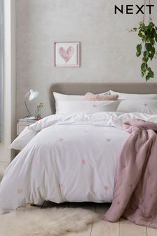 White With Pink Hearts Embroidered Duvet Cover and Pillowcase Set (A13753) | $89 - $156