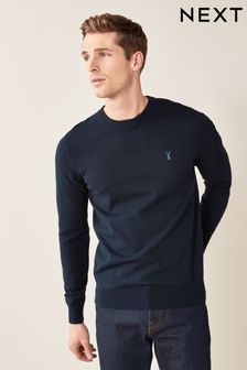 Navy Blue With Stag Embroidery Crew Neck Cotton Rich Jumper (A16229) | R375