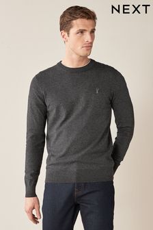 Charcoal Grey With Stag Embroidery Crew Neck Cotton Rich Jumper (A16230) | €32