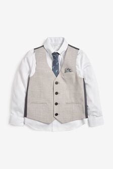 Grey Waistcoat, White Shirt & Tie Set Waistcoat (12mths-16yrs) (A18314) | 15,610 Ft - 20,290 Ft