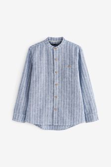 Blue Stripe Long Sleeve Grandad Collar Linen Mix Shirt (3-16yrs) (A18329) | €15 - €21.50