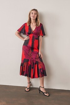 Red Button Front Satin Midi Dress (A18556) | $73