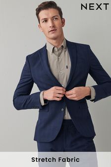 Navy Blue Super Skinny Fit Motion Flex Stretch Check Suit: Jacket (A20438) | €131