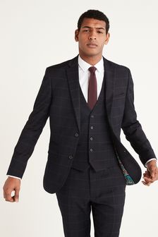 Navy Blue Skinny Fit Wool Blend Check Suit (A20441) | 126 €