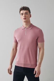 Pink Knitted Zip Polo Shirt (A21601) | $36