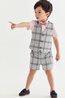 Grey Waistcoat, Shirt & Short Set Check With Pink Shirt (3mths-9yrs) (A21901) | SGD 57 - SGD 63