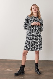 Black/White Heart Print Shirred Cuff Long Sleeve Dress (A23651) | $33