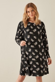 Black Floral Shirred Cuff Long Sleeve Dress (A23658) | $33